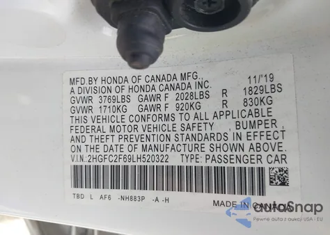 2020 Honda Civic Lx из США, поврежденный, VIN 2HGFC2F69LH520322